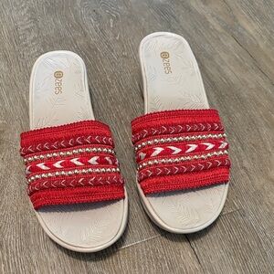 Bzees Red and Cream Slide Sandals